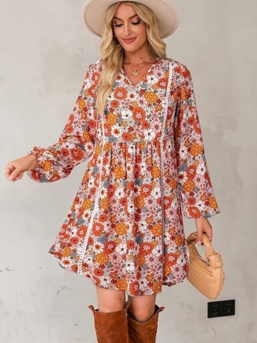 Dokotoo Small Floral Boho Mini Dress Long Sleeves Lace Trim Retro Cottage Core